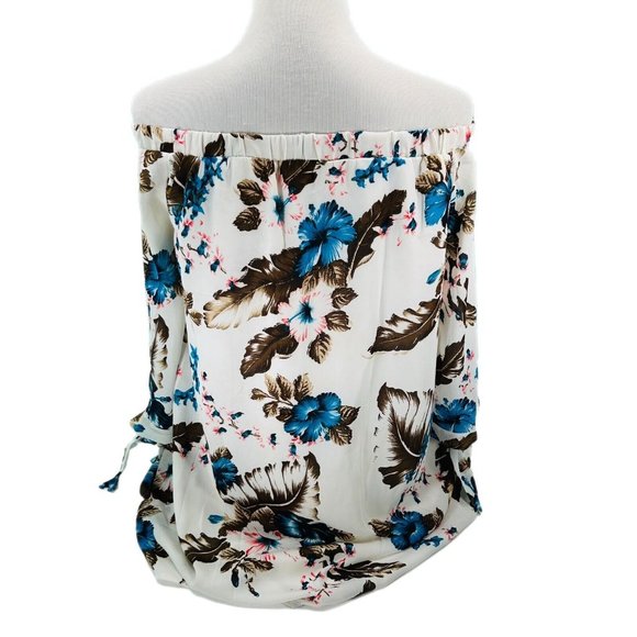 Entro Blouse Womens Small, Medium, Large Off Shoulder Feathers Hibiscus Spring - Picture 5 of 16
